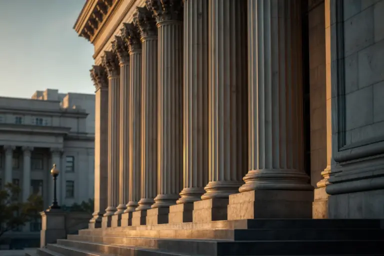The stone columns of a central bank building at dawn