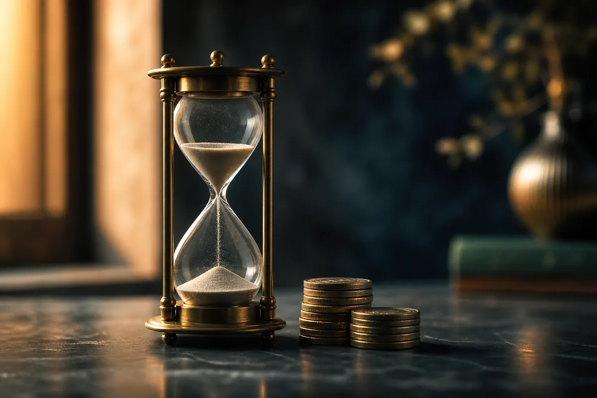 An hourglass beside a stack of coins, representing overnight financing cost