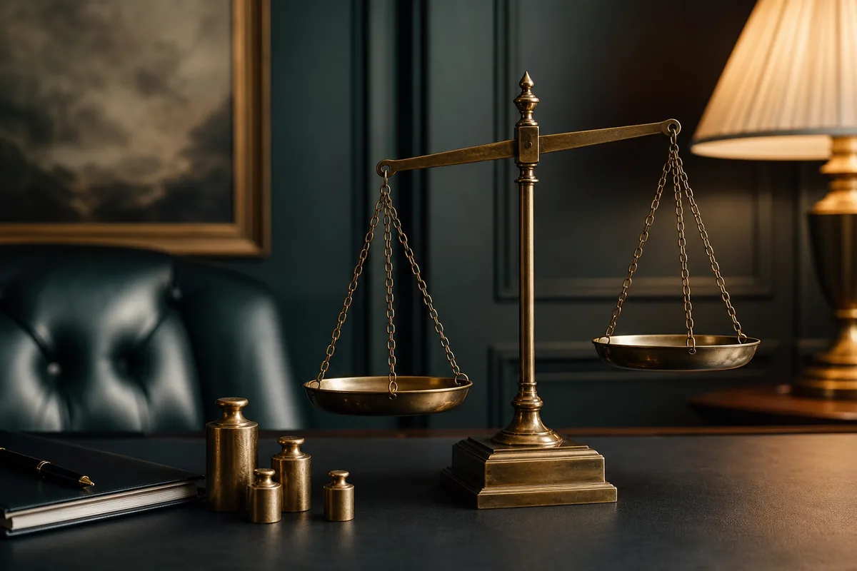 Brass balance scales with small weights, representing position sizing