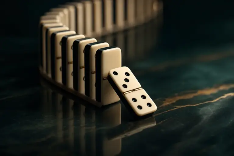 A domino caught mid-fall, representing a stop-loss being triggered