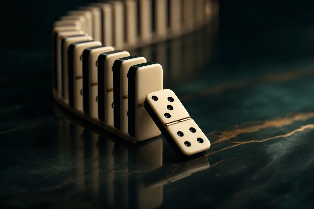 A domino caught mid-fall, representing a stop-loss being triggered