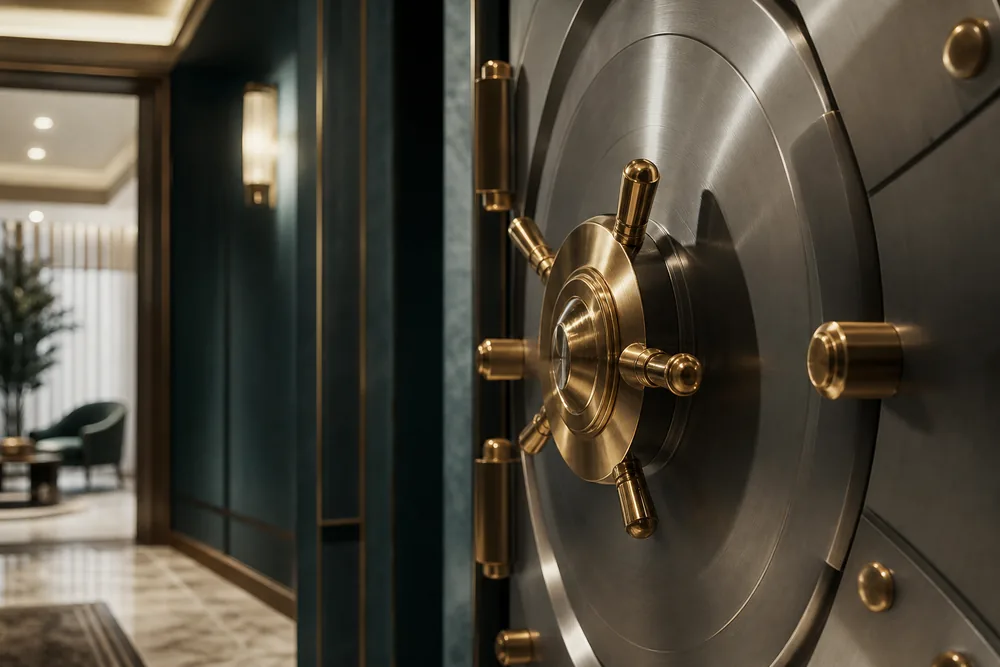 A steel vault door with a brass handle, representing segregated client funds