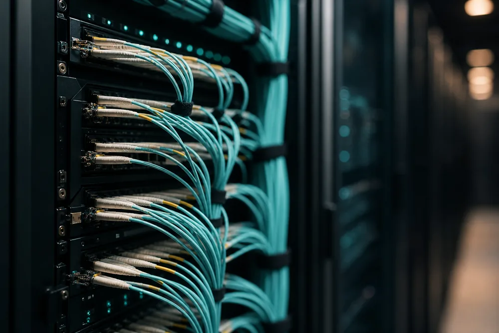 A fibre-optic patch panel in a data centre, representing low-latency execution
