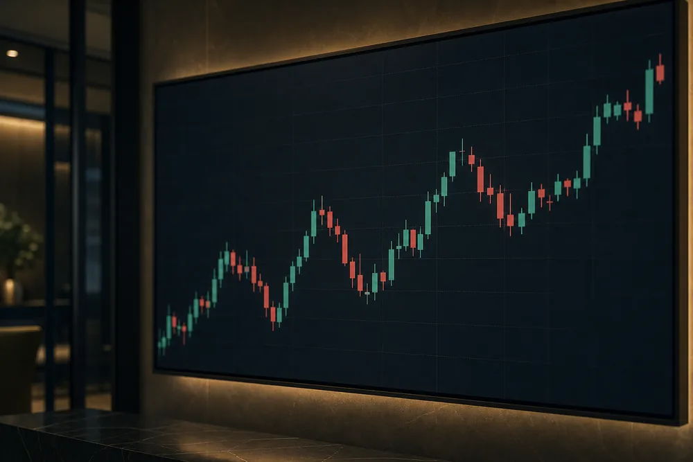 A large trading display showing an abstract candlestick price chart