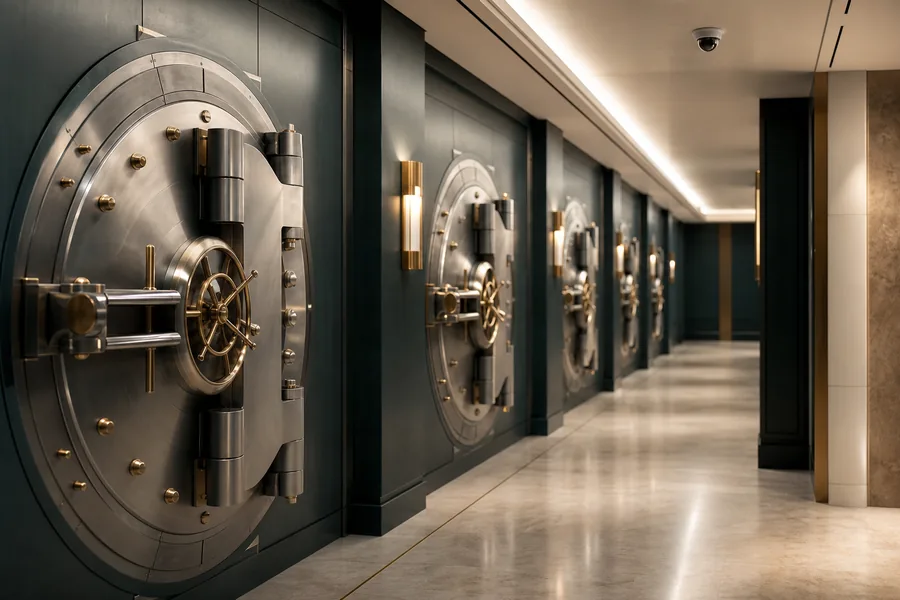 A bank vault corridor in soft light with a single ceiling camera