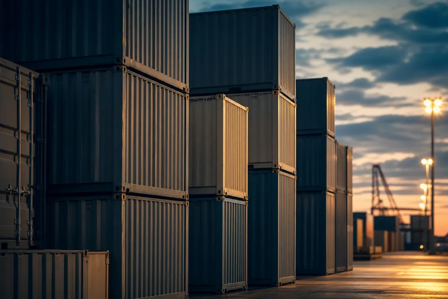Stacked shipping containers at a port at dusk