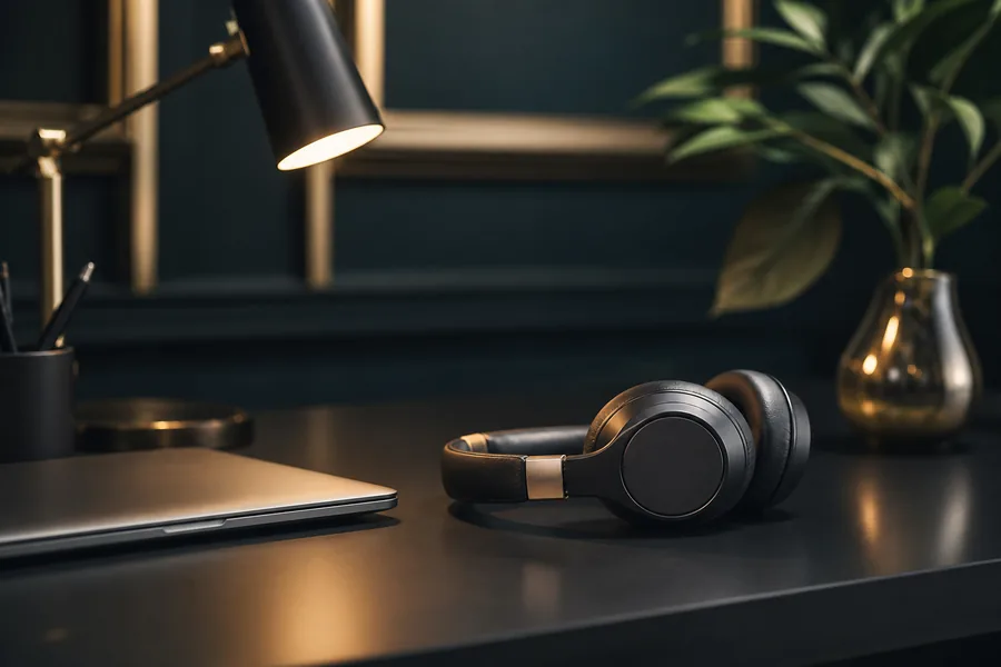 A headset resting on a dark desk beside a closed laptop