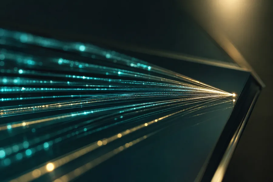 Illuminated fibre-optic strands converging into a network node