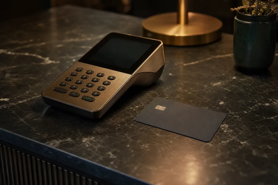 A brass payment terminal and a card on a dark counter