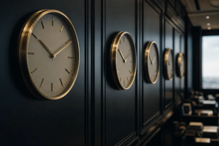 A row of wall clocks showing different time zones in a dealing room