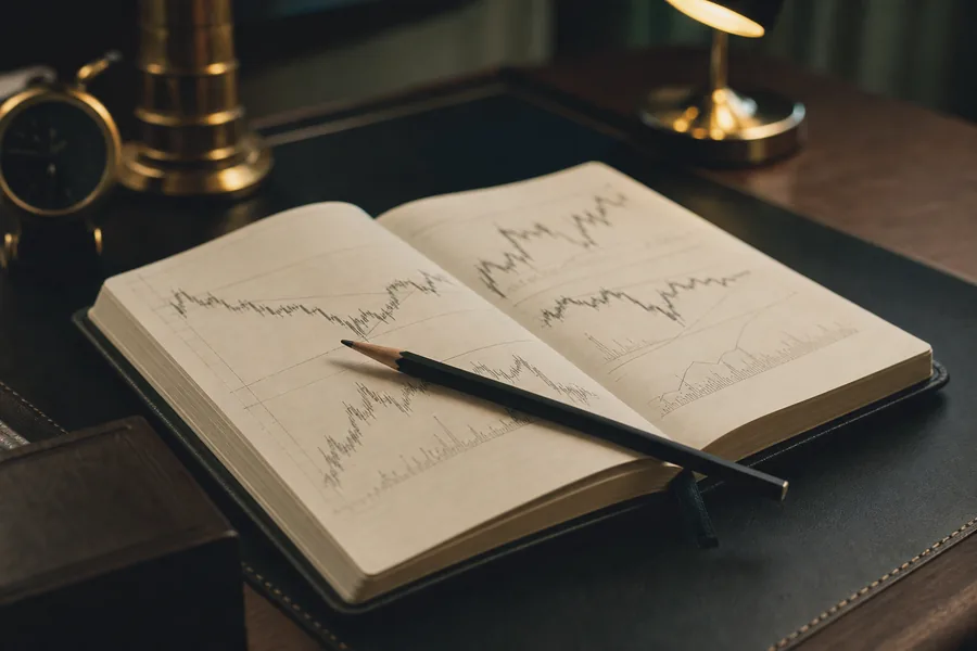 An open notebook of hand-drawn chart sketches with a pencil