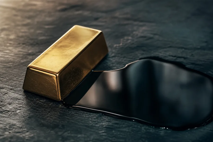 A polished gold bar beside a dark pool of crude oil on slate