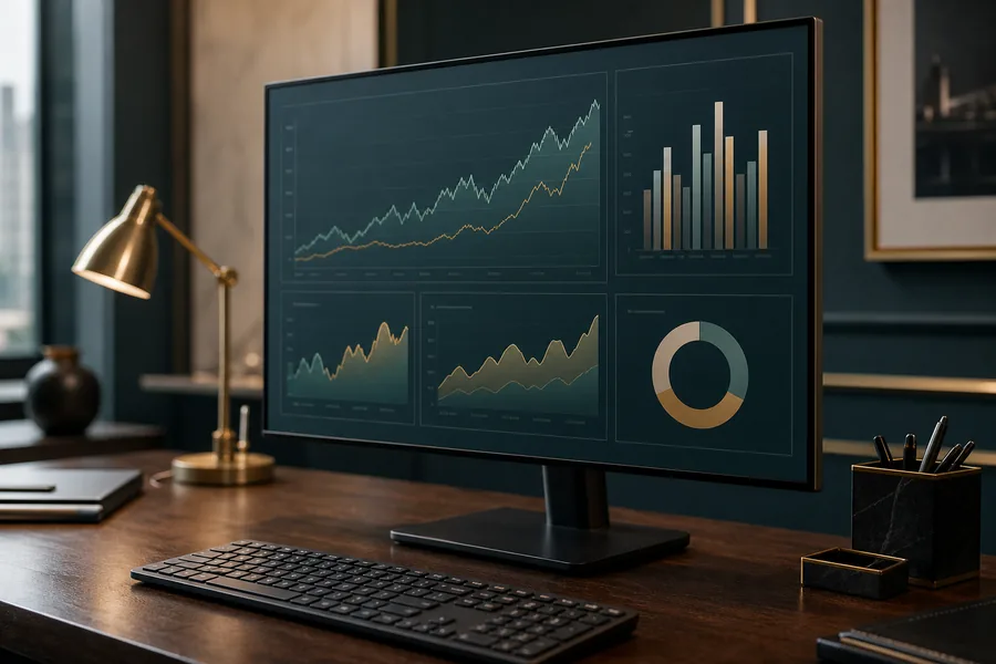 A single large monitor on a dark desk showing a multi-panel chart layout
