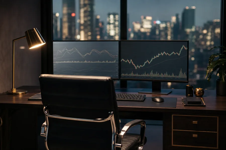 A dual-monitor trading workstation seen from behind at night