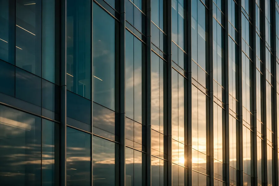The glass facade of a corporate tower reflecting a sunset