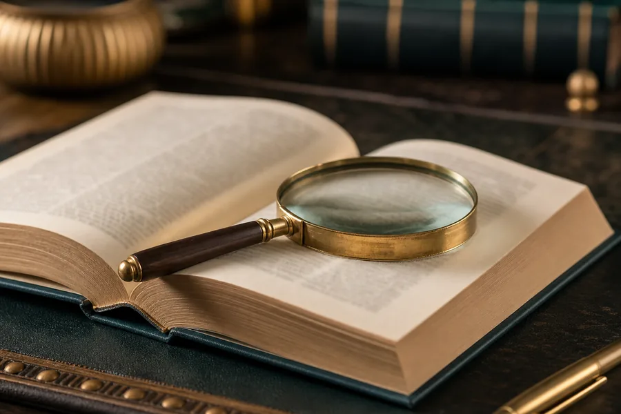 An open dictionary with a brass magnifying glass resting on the page