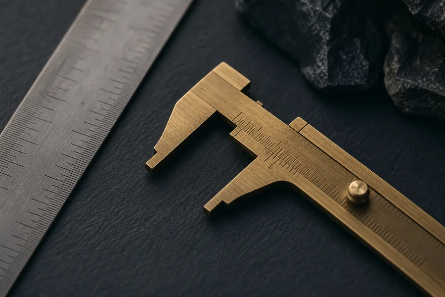 A brass vernier caliper beside a steel rule, representing measurable claims